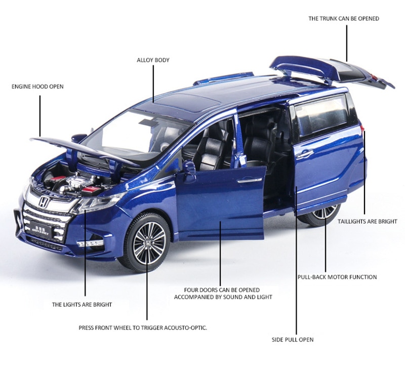 Honda Odyssey-Coche de juguete de aleación fundido a presión, modelo de coche de juguete, sonido de simulación, ligero, con visión trasera, 1/32