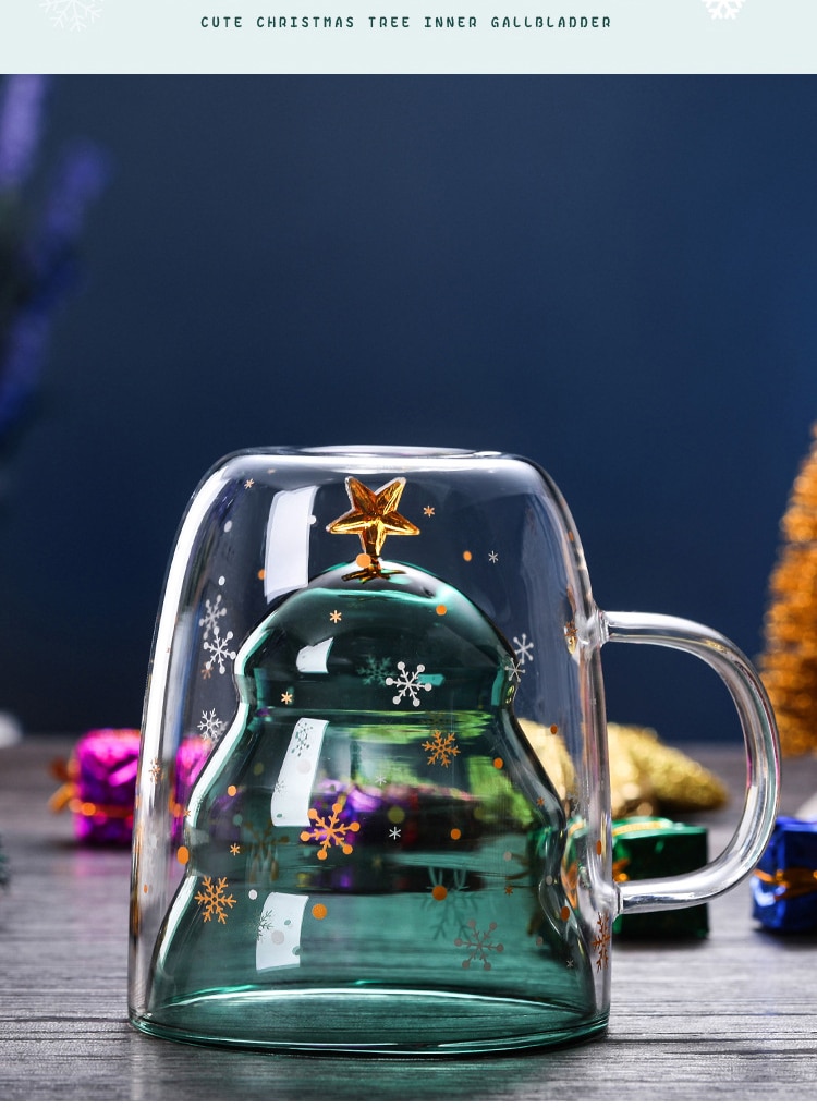Taza bonita de árbol de Navidad, tazas de café de cristal de doble pared con tapa de silocono, estrella de copo de nieve, regalo de Navidad, vino, té, leche, vaso de agua