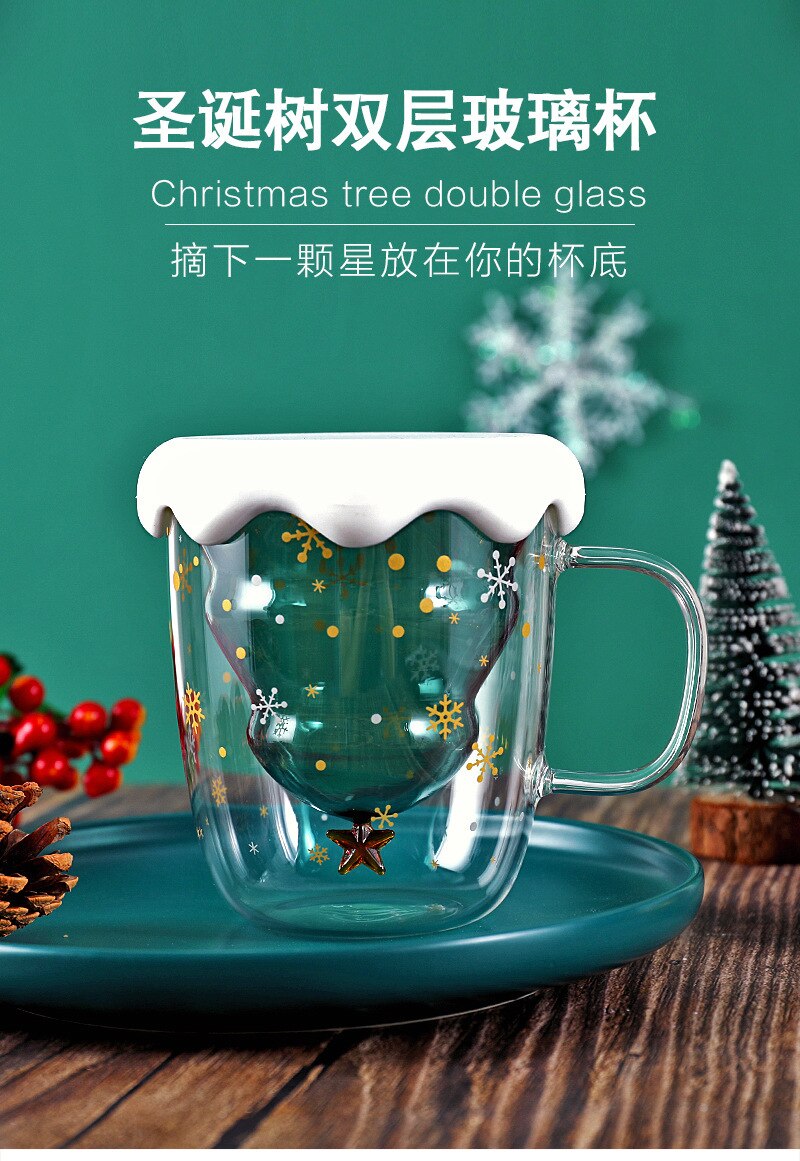 Taza bonita de árbol de Navidad, tazas de café de cristal de doble pared con tapa de silocono, estrella de copo de nieve, regalo de Navidad, vino, té, leche, vaso de agua
