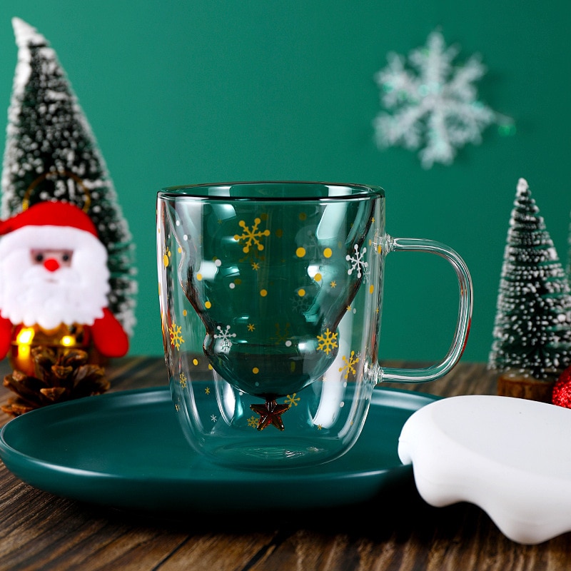 Taza bonita de árbol de Navidad, tazas de café de cristal de doble pared con tapa de silocono, estrella de copo de nieve, regalo de Navidad, vino, té, leche, vaso de agua