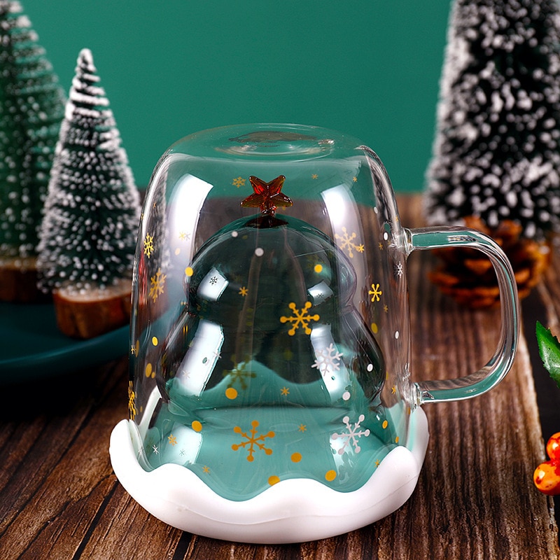 Taza bonita de árbol de Navidad, tazas de café de cristal de doble pared con tapa de silocono, estrella de copo de nieve, regalo de Navidad, vino, té, leche, vaso de agua