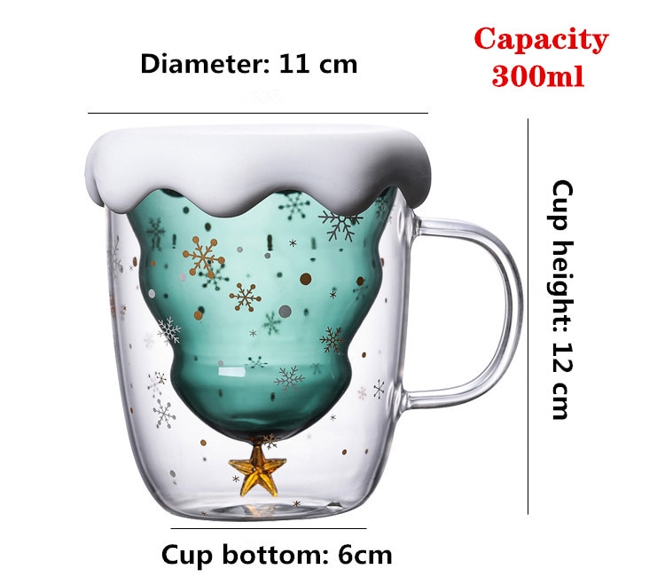 Taza bonita de árbol de Navidad, tazas de café de cristal de doble pared con tapa de silocono, estrella de copo de nieve, regalo de Navidad, vino, té, leche, vaso de agua