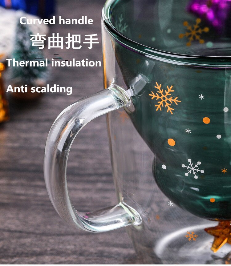 Taza bonita de árbol de Navidad, tazas de café de cristal de doble pared con tapa de silocono, estrella de copo de nieve, regalo de Navidad, vino, té, leche, vaso de agua