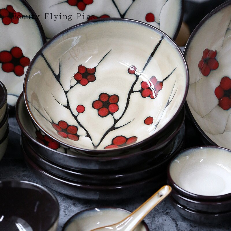 Vajilla de cerámica con flores de estilo japonés para el hogar, plato hondo de cerámica, tazón de sopa, tazón de arroz, plato de sabor de afinación pequeña