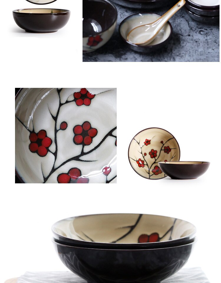 Vajilla de cerámica con flores de estilo japonés para el hogar, plato hondo de cerámica, tazón de sopa, tazón de arroz, plato de sabor de afinación pequeña