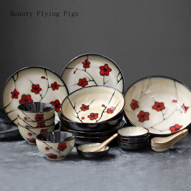 Vajilla de cerámica con flores de estilo japonés para el hogar, plato hondo de cerámica, tazón de sopa, tazón de arroz, plato de sabor de afinación pequeña