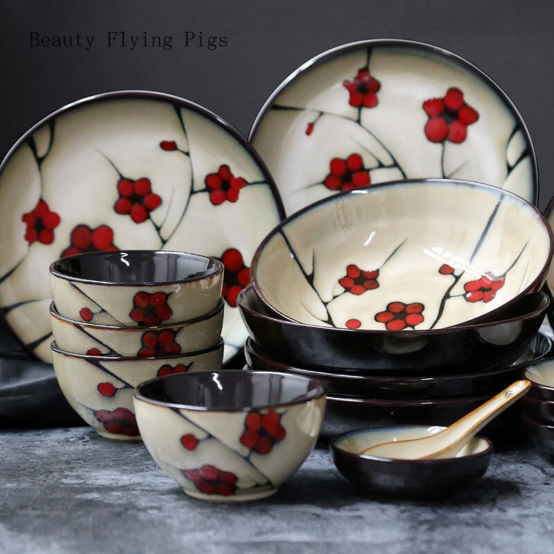 Vajilla de cerámica con flores de estilo japonés para el hogar, plato hondo de cerámica, tazón de sopa, tazón de arroz, plato de sabor de afinación pequeña