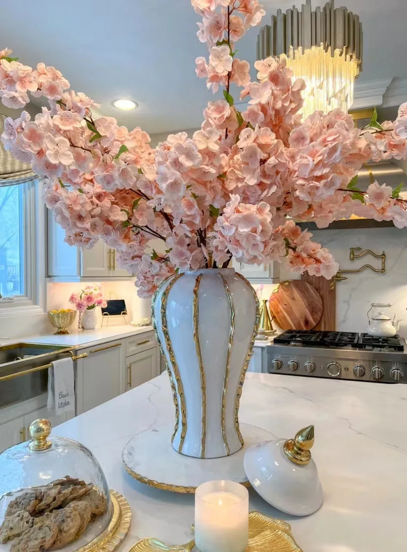 Jarrón de cerámica Floral dorado, jarrón de flores envolvente con borde dorado clásico Vintage para centro de mesa, decoración de comedor y sala de estar