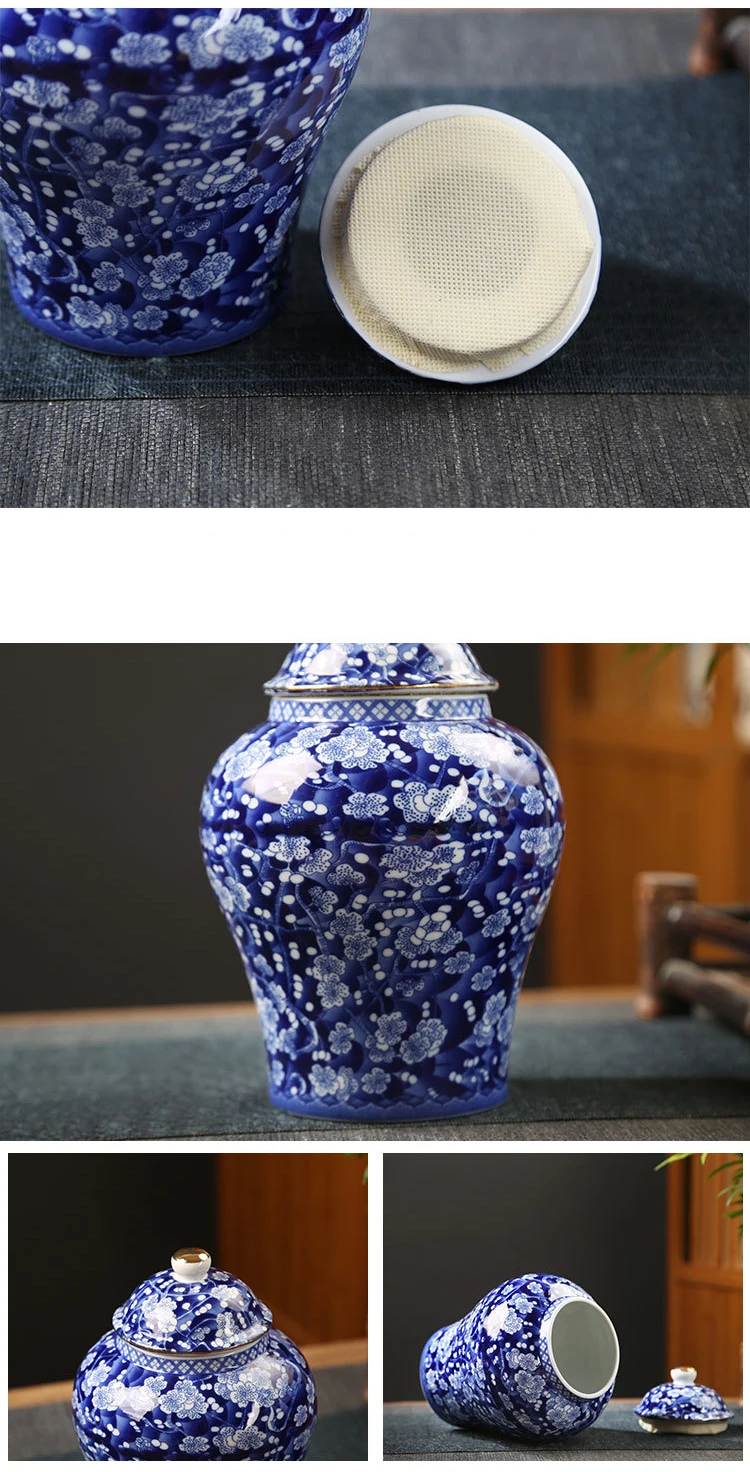 Tarro de té de porcelana azul y blanca, tarro de cerámica General para el hogar, caja sellada de dulces, jarrón de ciruela Vintage, florero para el hogar, contenedor de almacenamiento de artesanías