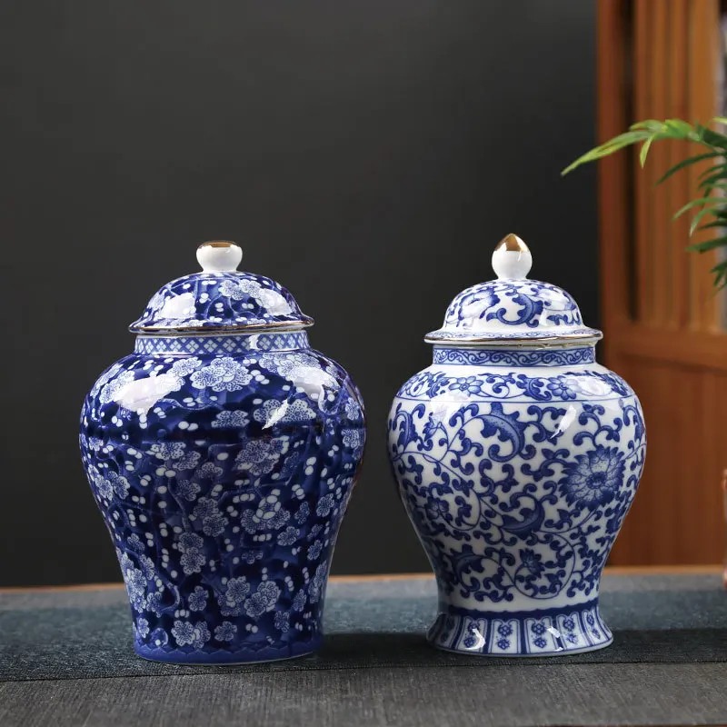 Tarro de té de porcelana azul y blanca, tarro de cerámica General para el hogar, caja sellada de dulces, jarrón de ciruela Vintage, florero para el hogar, contenedor de almacenamiento de artesanías Tarro de té de porcelana azul y blanca, tarro de cerámica General para el hogar, caja sellada de dulces, jarrón de ciruela Vintage, florero para el hogar, contenedor de almacenamiento de artesanías