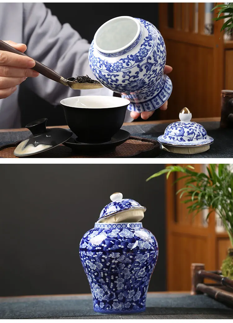 Tarro de té de porcelana azul y blanca, tarro de cerámica General para el hogar, caja sellada de dulces, jarrón de ciruela Vintage, florero para el hogar, contenedor de almacenamiento de artesanías Tarro de té de porcelana azul y blanca, tarro de cerámica General para el hogar, caja sellada de dulces, jarrón de ciruela Vintage, florero para el hogar, contenedor de almacenamiento de artesanías