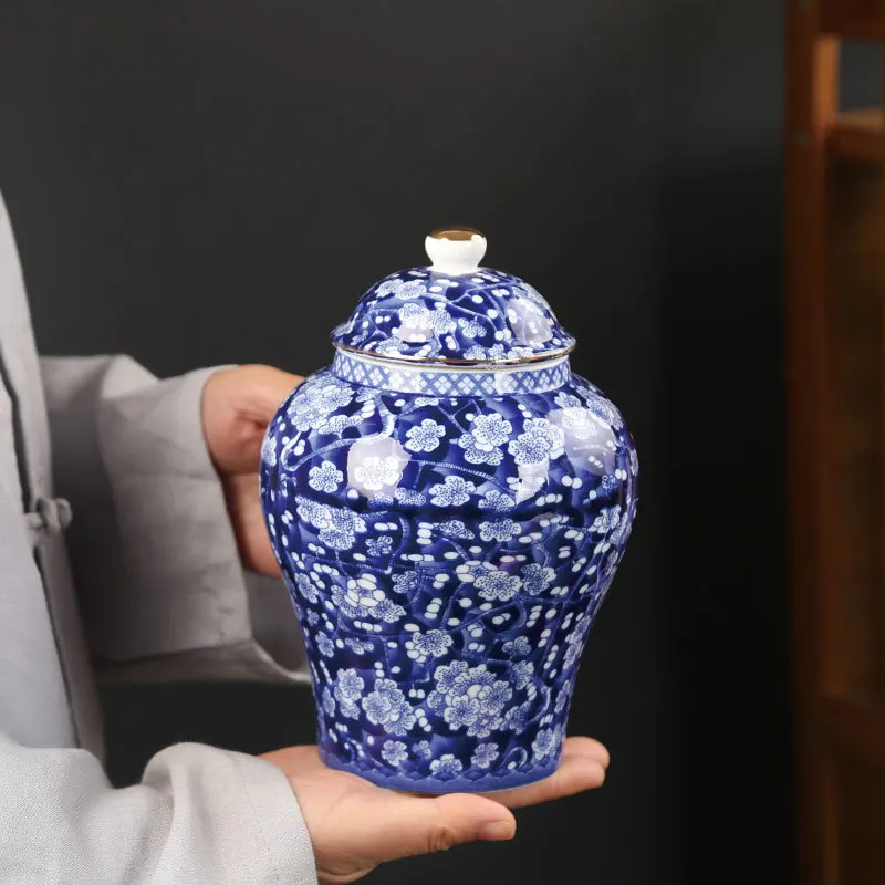Tarro de té de porcelana azul y blanca, tarro de cerámica General para el hogar, caja sellada de dulces, jarrón de ciruela Vintage, florero para el hogar, contenedor de almacenamiento de artesanías Tarro de té de porcelana azul y blanca, tarro de cerámica General para el hogar, caja sellada de dulces, jarrón de ciruela Vintage, florero para el hogar, contenedor de almacenamiento de artesanías